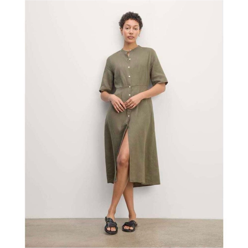 Everlane Linen Frolic Dress - Olive Button-Front Midi Dress - Size 00